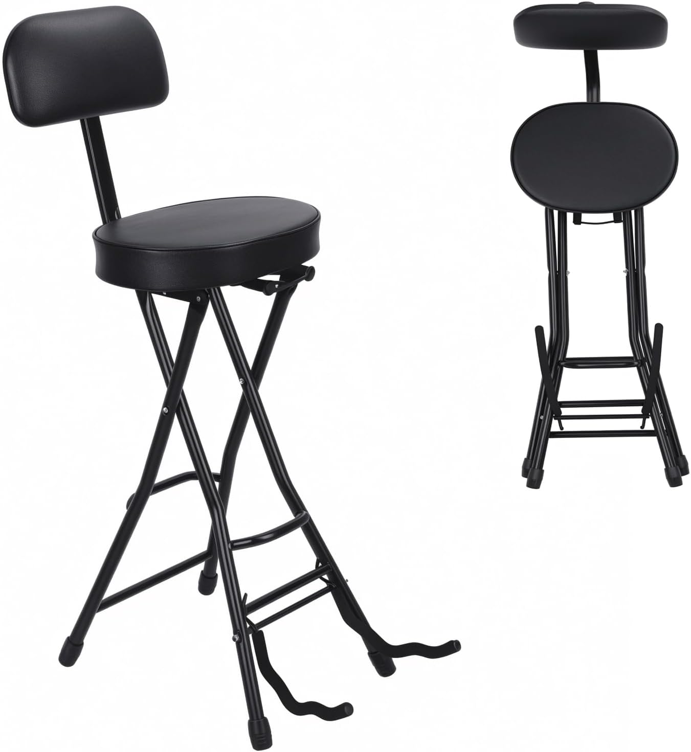 Guitar Stool with Backrest & Footrest, Height Adjustable Foldable Padded Seat for Electric Guitar Violin Bass, Integrated Guitars Holder for Home Studio & Performances (Black A)