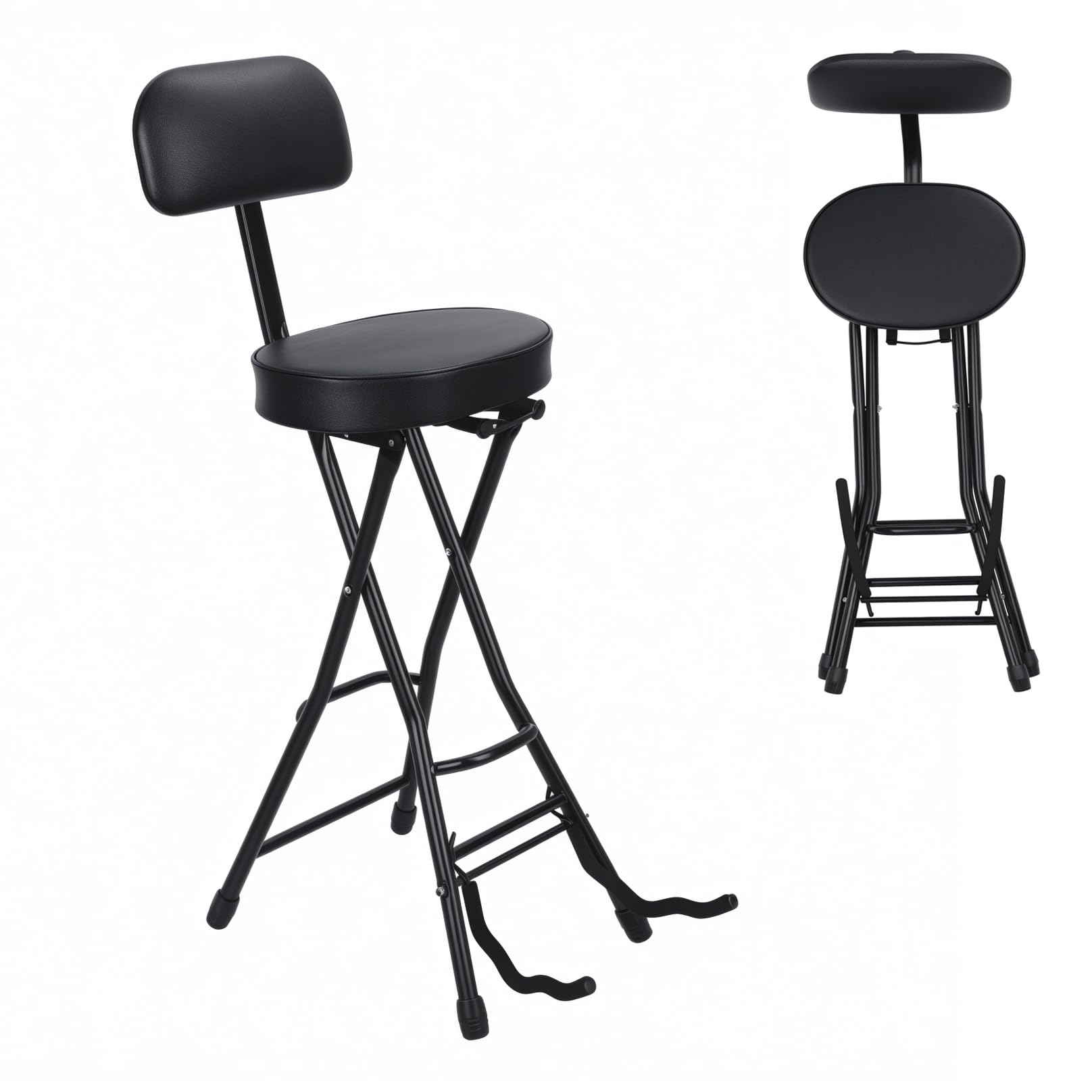 Guitar Stool with Backrest &amp; Footrest, Height Adjustable Foldable Padded Seat for Electric Guitar Violin Bass, Integrated Guitars Holder for Home Studio &amp; Performances (Black A)