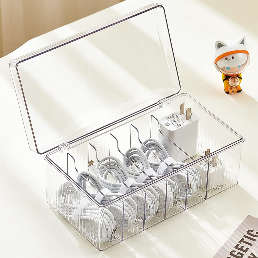Starry G White Cable Tidy Box With Lid, 6 Grids Cable Organizer Box, Large Storage Box For Cables, Charger Plug, Power Strips, Transparent Cable Management Box - Free 12 Classified Stickers & 10 Cable Ties