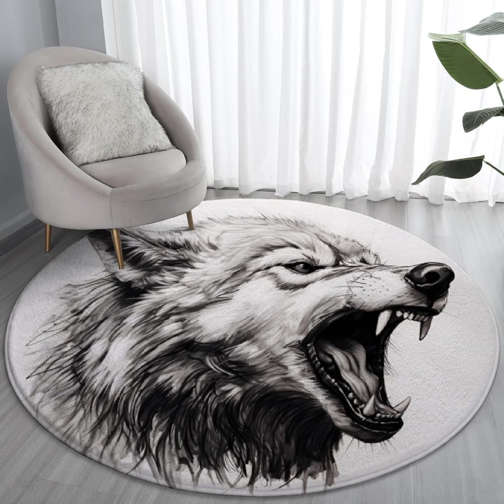 Wolf Round Rug 3 ft - Washable & Non-Slip Soft Wild Animal Circle Rugs for Office Chair, Starry Sky Purple Blue Design, Low Pile Indoor Carpet, Galaxy Wildlife Area Rug & Floor Decor