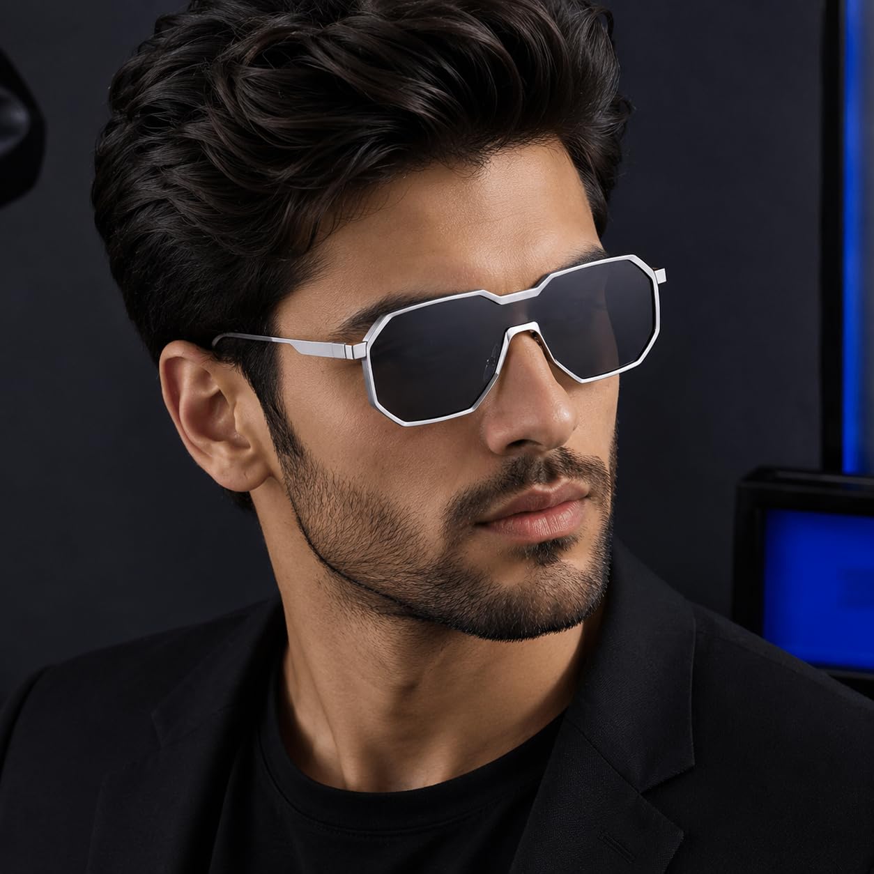 Black Oversized Square Sunglasses, Silver Frame, Dark Tinted Lens, Trendy Style for Women-image-49