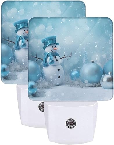 Juego de 2 luces nocturnas de muñeco de nieve de Navidad, con sensor automático azul, luces nocturnas LED del atardecer al amanecer, lámpara con