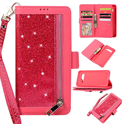 Preisvergleich Produktbild Nadoli Galaxy S10 Plus Hülle Handyhülle,PU Lederhülle Glitzer Magnetverschluss Kartenfächern Standfunktion Cover Brieftasche Flip Wallet Cover für Samsung Galaxy S10 Plus,Rose Rot