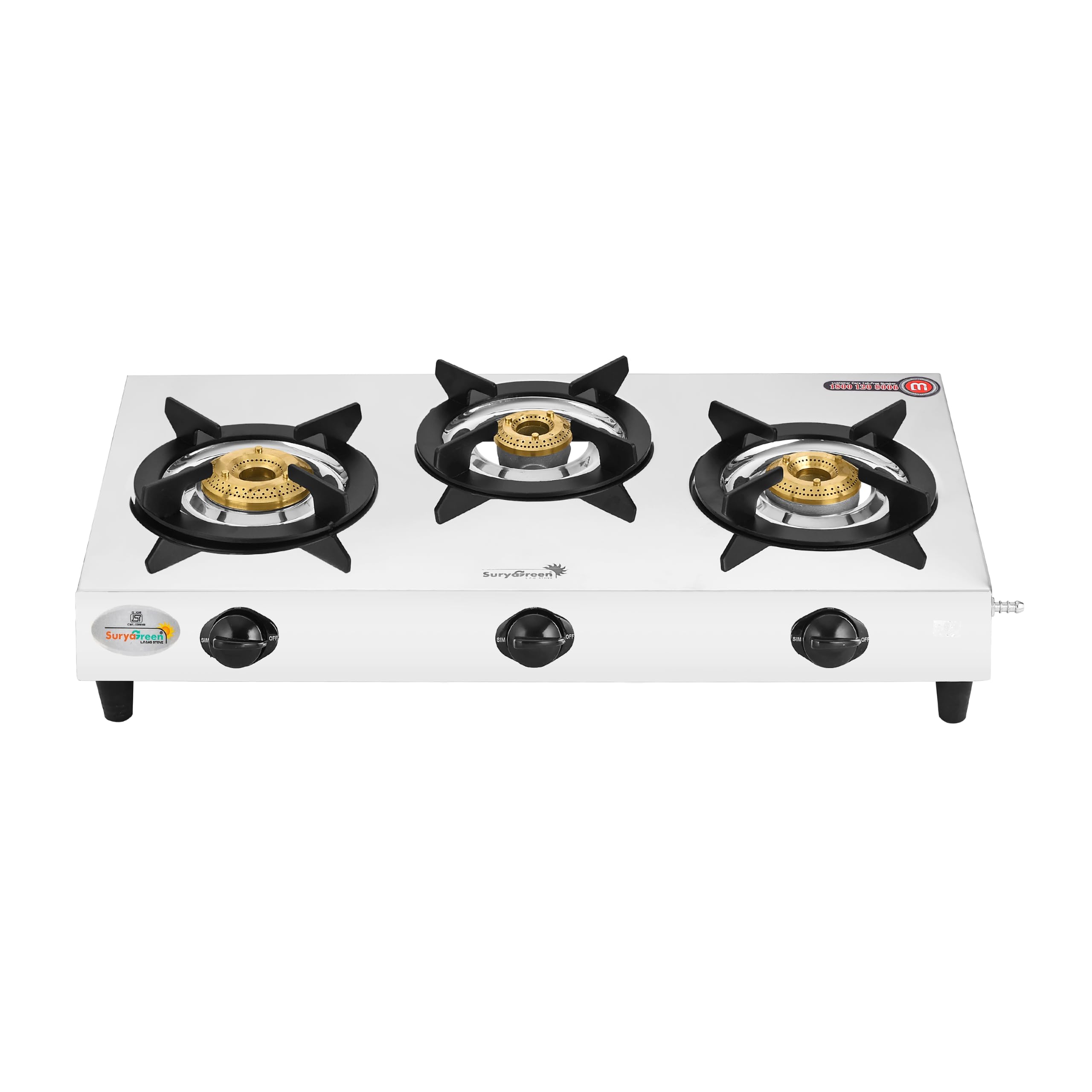 SuryaGreen 3 Burner Stainless Steel LPG Gas Stove Manual Ignition | Shakthi RPS Model | High Efficiency Brass Burners | Heavy Duty Pan Supports | ISI Certified Gas Components | Silver Finish-image-34