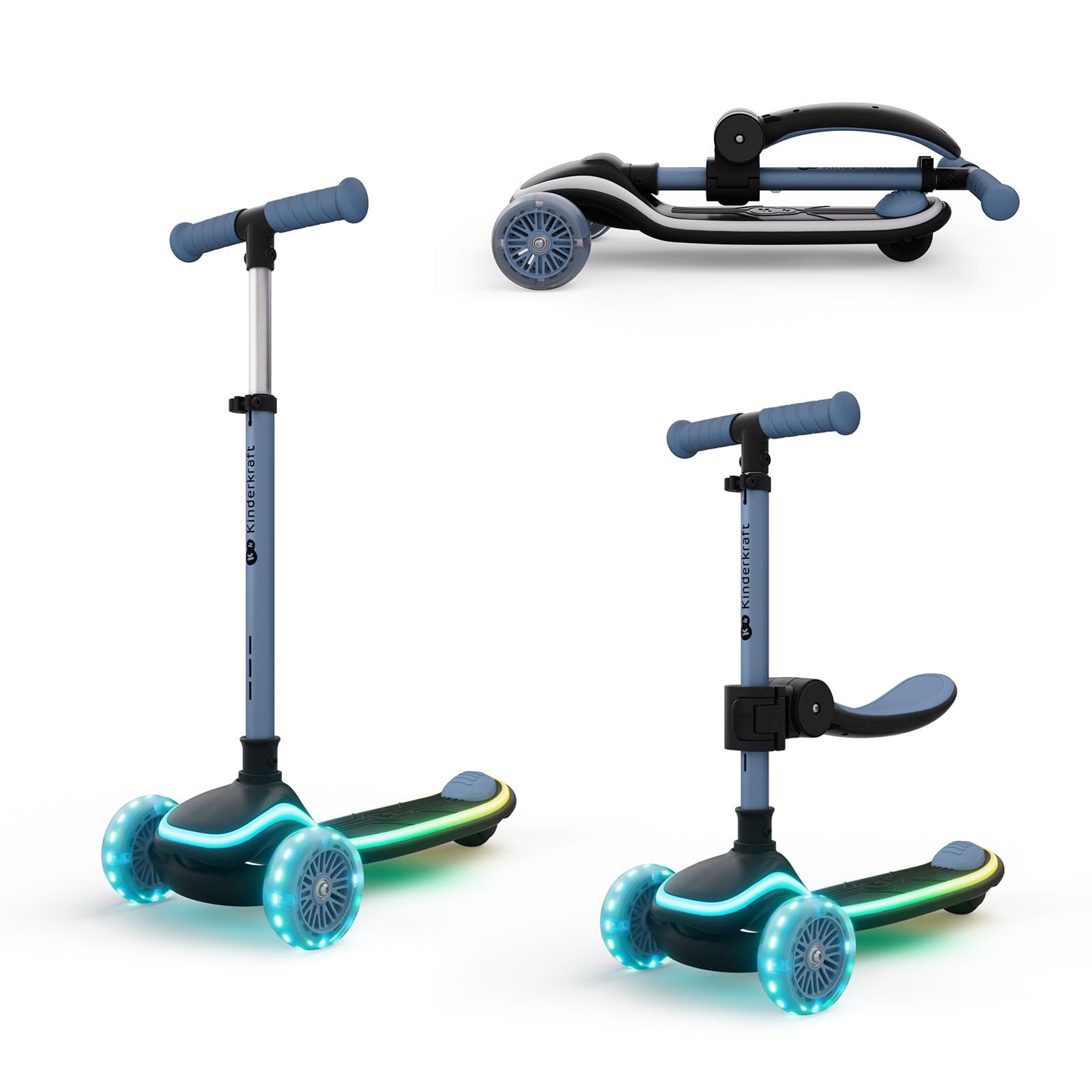 Kinderkraft RAKET UP 2-in-1 Kids Scooter with Seat, Foldable Toddler Scooter with LED Deck, RGB Light-Up Wheels, Adjustable Handlebar and Seat, Blue