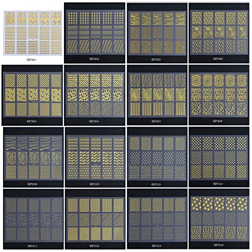 Lookathot 16Sheets 3D Gold Metallic Nail Art Stickers Decals Self-Ahesive Geometric Texture Line Mixed Design Diy Decoration Accessories Manicure Tools #TOP4
