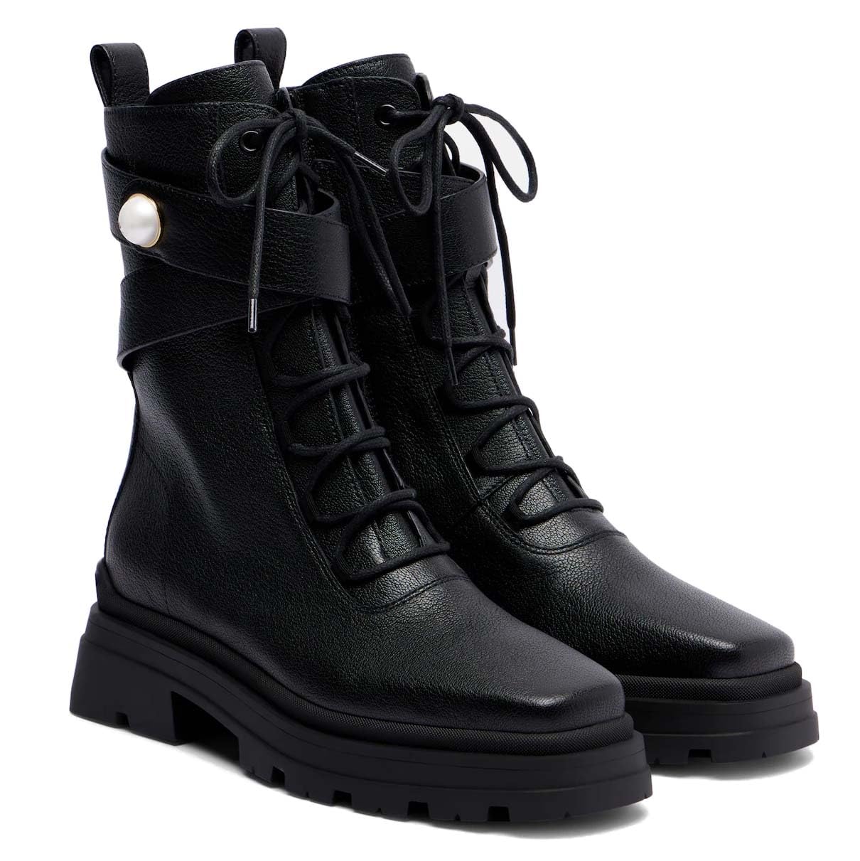 Womens Chunky Combat Boots Platform Lace-Up Ankle Boots Round Toe Suede Booties with Cross Strap Pearl Accents Side