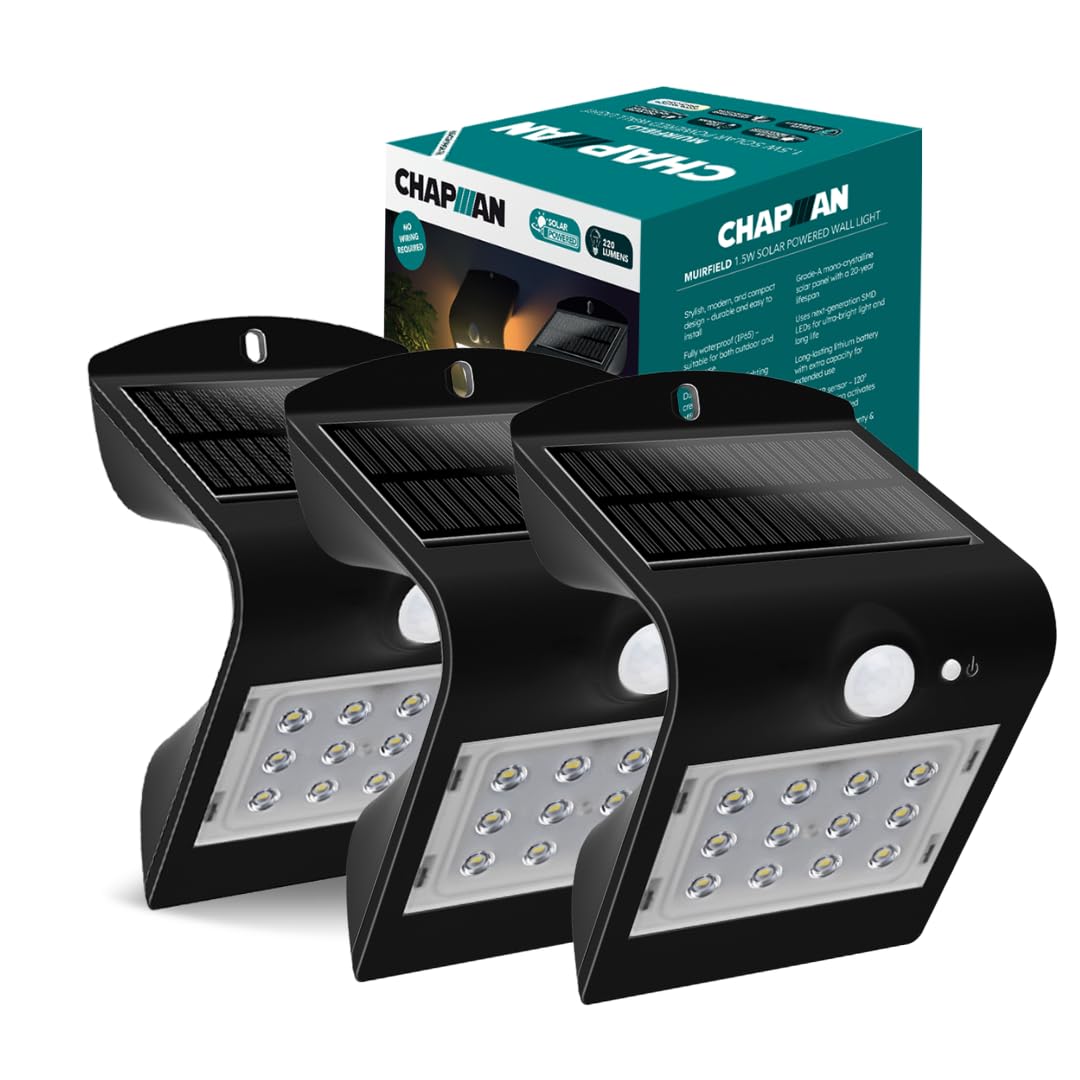 Chapman Muirfield 1.5W PIR LED Solar Security Light, IP65 Waterproof Garden Wall Lights with Motion Sensor, 4000K Neutral White Solar Lights for Garden, Outside Lights & Security (3 Pack - Black)