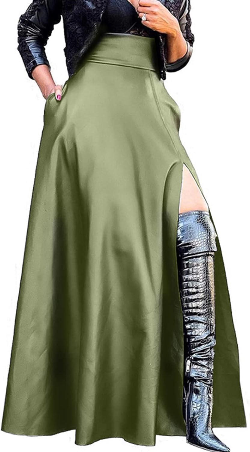 Lexiart Womens High Waisted Sexy Pu Leather Vintage High Split A-Line Swing Long Skirt with Pockets
