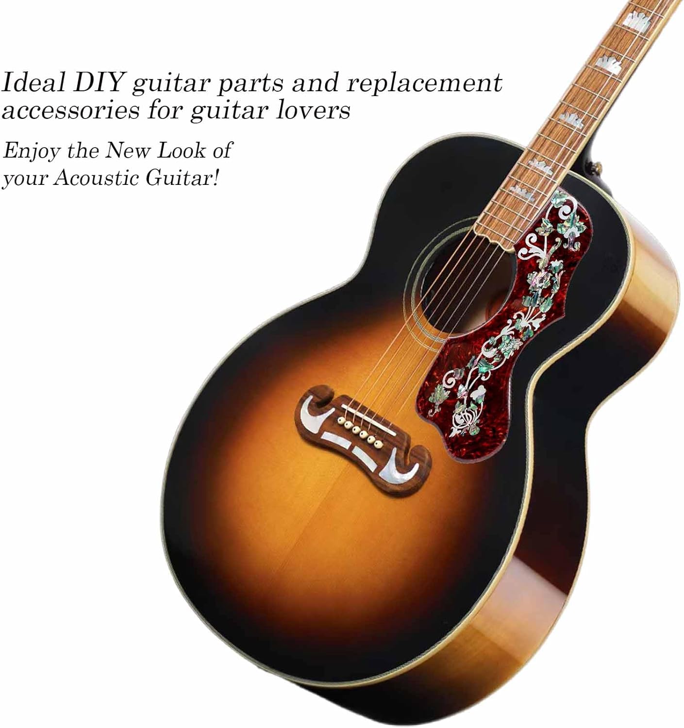 Acoustic Guitar Pickguard Inlaid Abalone and pearl - Thicken substantial self-adhensive pickguard for J200 SJ200 Acoustic Folk Guitar Parts (Red Tortoise 1)