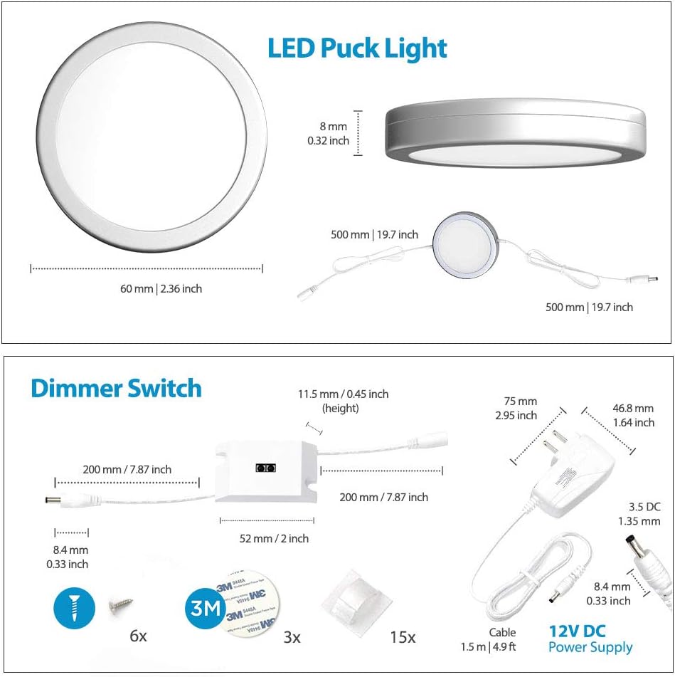 EShine Under Cabinet Puck Lights with Hand Wave Sensor – Circular LED Cabinet Lights – Dimmable – Pack of 3, Cool White (6000K)