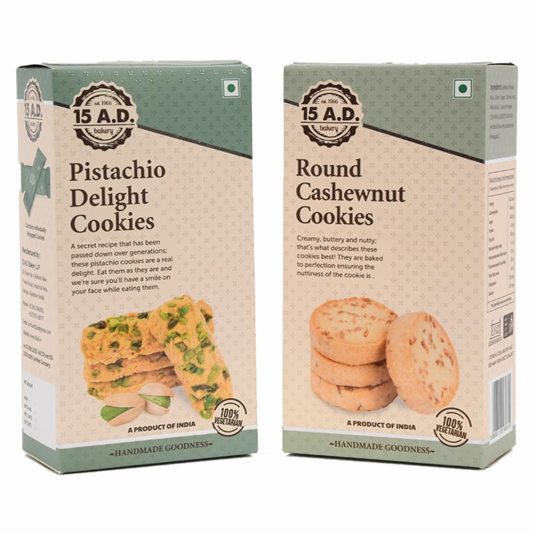 15 A.D. Bakery LLP Handmade Traditional Pure Vegetarian I Cookies Biscuits I PACK OF 2X200 = 400 GM I COMBO-020 I ROUND CASHEWNUT I PISTACHIO DELIGHT I GIFT PACK