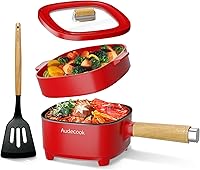 Vista 9 de Audecook Olla Caliente Eléctrica 2L, Sartén Antiadherente con Esmalte Cerámico de 8 Pulgadas, Olla Portátil de Viaje para Ramen/Carne/Arroz