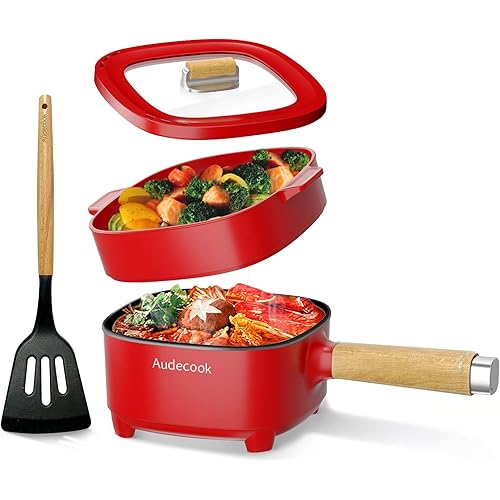 Audecook Hot Pot Electric 2L, Cermic Glaze Non-Stick Frying Pan 8 Inch, Portable Travel Cooker for Ramen/Steak/Fried Rice/Oatmeal/Soup, with Dual Power Control (Silicone Spatula Included)