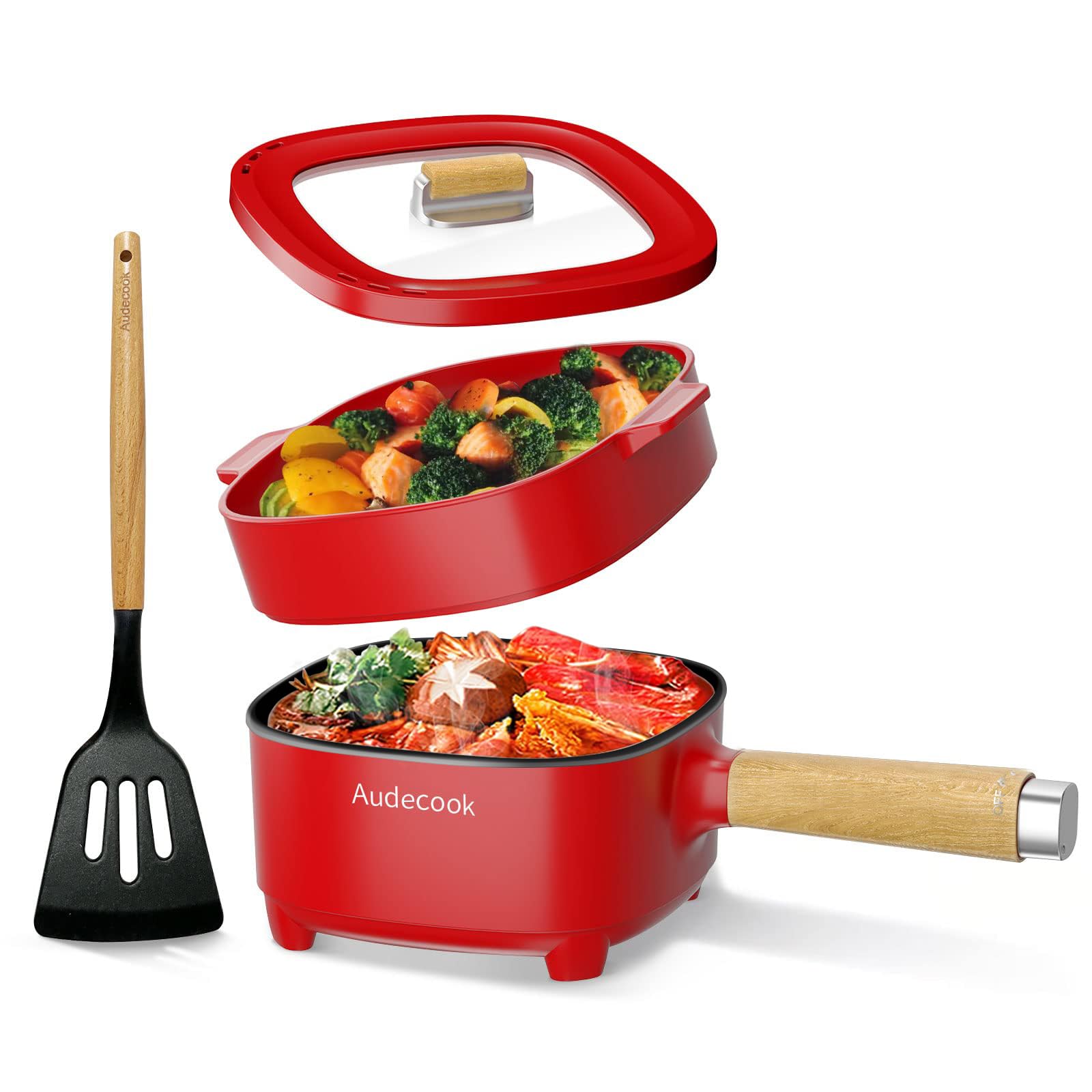 Audecook Electric Frying Pan, 2L Upgraded Cermic Non-Stick Coating Frying pan, Electric Ramen Cooker for Steak, Egg, Fried Rice, Oatmeal, Soup. Terminal Dual Power Controllable (C(Red/with Steamer))