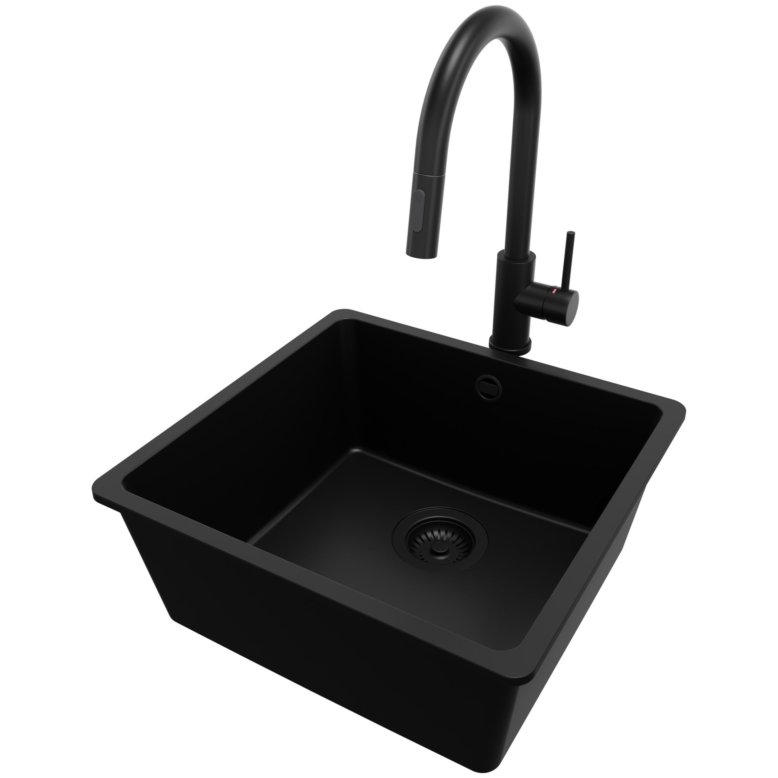 PRIMAGRAN Fregadero bajo Encimera Todo Negro - Venecia Easy, 46x44cm | Granito 1 Seno + Grifo 40x20cm + Set de accesorios, Cocina al Mueble 50cm (S046)
