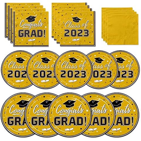 200 Pcs Graduation Party Plates and Napkins Set Party Supplies Decorations 2023 Congrats Grad Theme Tableware Set Including Paper Plates Napkins for 50 Guests(Gold) Cover