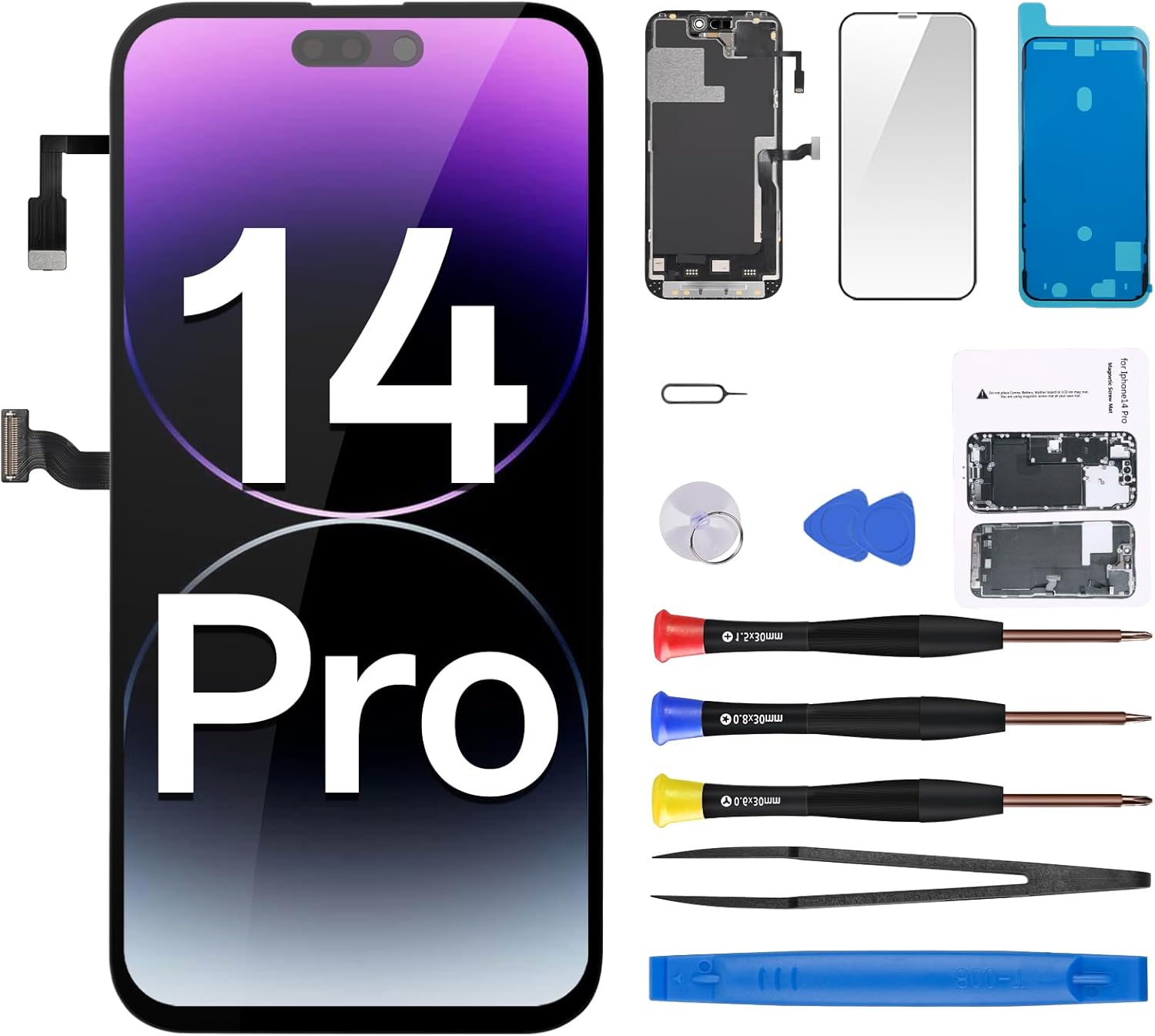 for iPhone 14 Pro Screen Replacement with Proximity Sensor Earspeaker Flex Cable 6.1" 3D Touch LCD Display Digitizer Full Assembly Front Glass Repair Fix Tools Kit A2650 A2889 A2890 A2891 A2892
