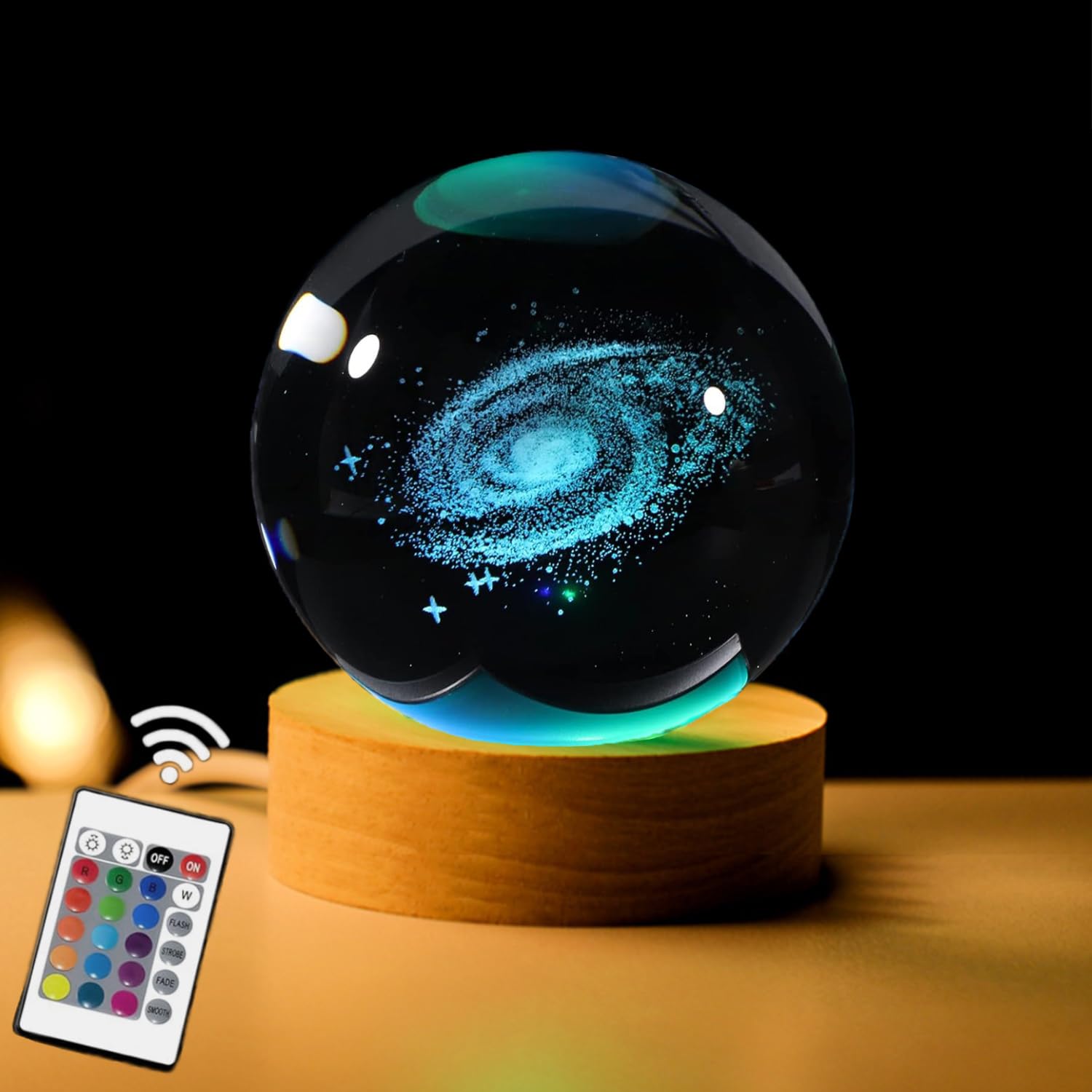 AOFEGRLT 3D Galaxy Crystal Ball with LED Stand, Remote Control, 16 Colors Change, Milky Way Galaxy Glass Sphere Lamp, Decorative Glass Ball