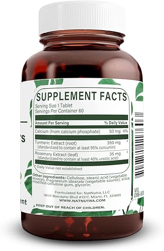 Vista 6 de Natural Nutra Curcumina de cúrcuma con 95% de extracto de curcuminoides suplemento con romero para la salud cerebral, 350 mg, 30 tabletas veganas