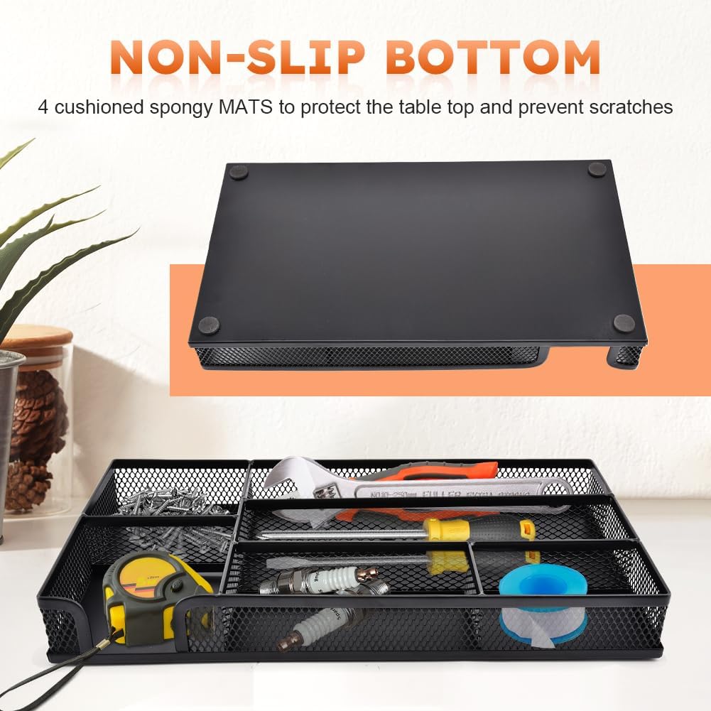 Desk Drawer Organizer, Office Metal Mesh Drawer Divider Organizer Tray with 6 Compartments, Pen Organizer for Desk Drawers Tray Desktop Accessories(COLOR:Black) - Image 4