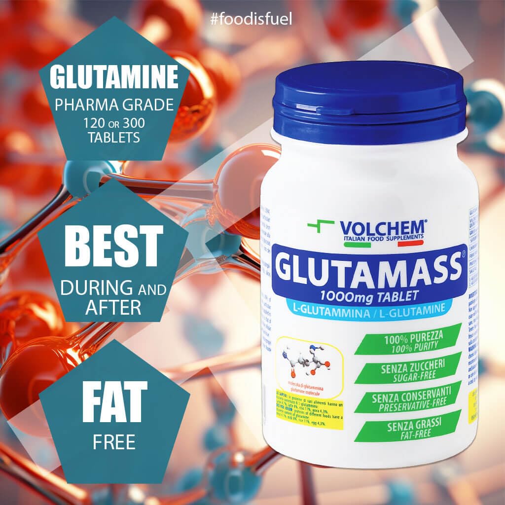 Volchem Glutamass Tablet, Integratore Alimentare con L-Glutammina in Forma Libera, 100% Purezza, Recupero di Sforzi Intensi, Senza Grassi, Conservanti e Zuccheri (120 cpr)