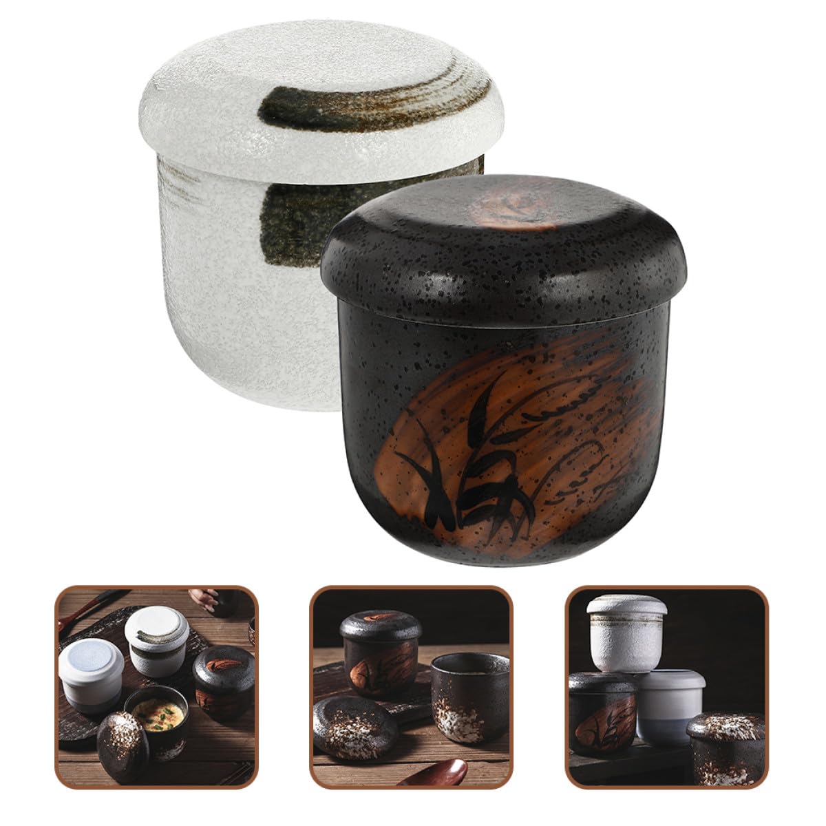 Tazones de Cerámica Japonesa para Estofado Tapa 2 Piezas, Taza para Sopa Humeante Tamaño Individual, Cuenco Seguro y Duradero para Cocinar Huevos al Vapor y Servir Postres