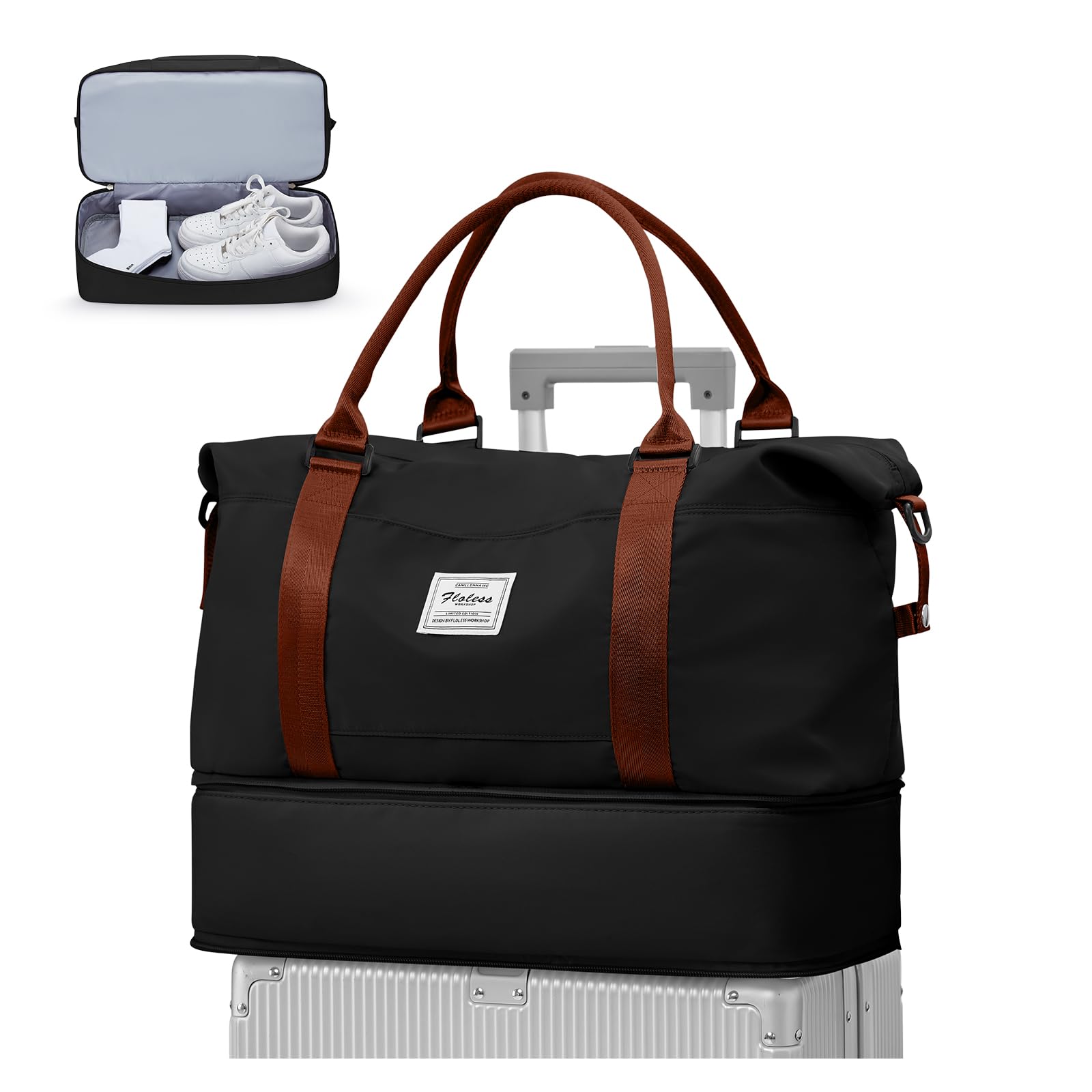WEPLAN Borsone da Viaggio Donna 40x20x25 Ryanair Borsa da Viaggio Aereo Bagaglio a Mano Borsa Sportiva Donna Weekend Borsone Palestra Ospedale Piscina con Scomparto per le Scarpe,Nero con Marrone