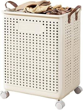 Large Capacity Laundry Basket with Wheels, Waterproof PP Dirty Clothes Hamper with Handle, Breathable Mesh Design, Rolling Storage Bin for Home Laundry Room Beige L