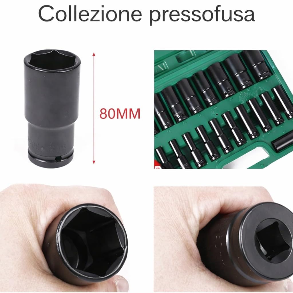 Set 20PZ Bussole ad impatto Esagonali con Attacco da 1/2" Prolungate 80mm Acciaio Rinforzato 8-32 mm Kit Professionale per Avvitatore Cricchetto Officina Auto Moto Fai da Te