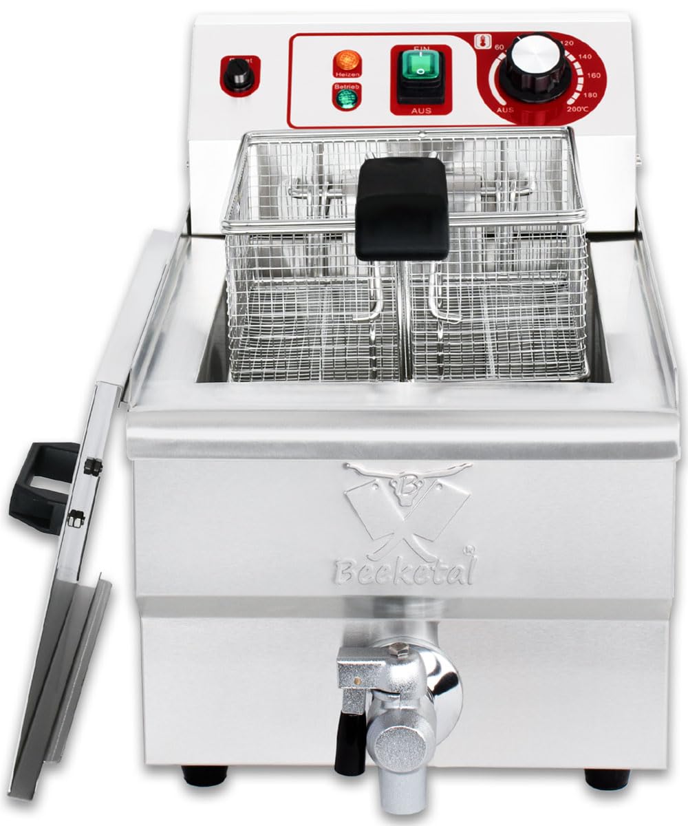 Beeketal BWF-101P Profi Gastronomie Kaltzonen Fritteuse 10 Liter Edelstahl Doppelheizspirale Temperaturkontrolle Fettablaufhahn