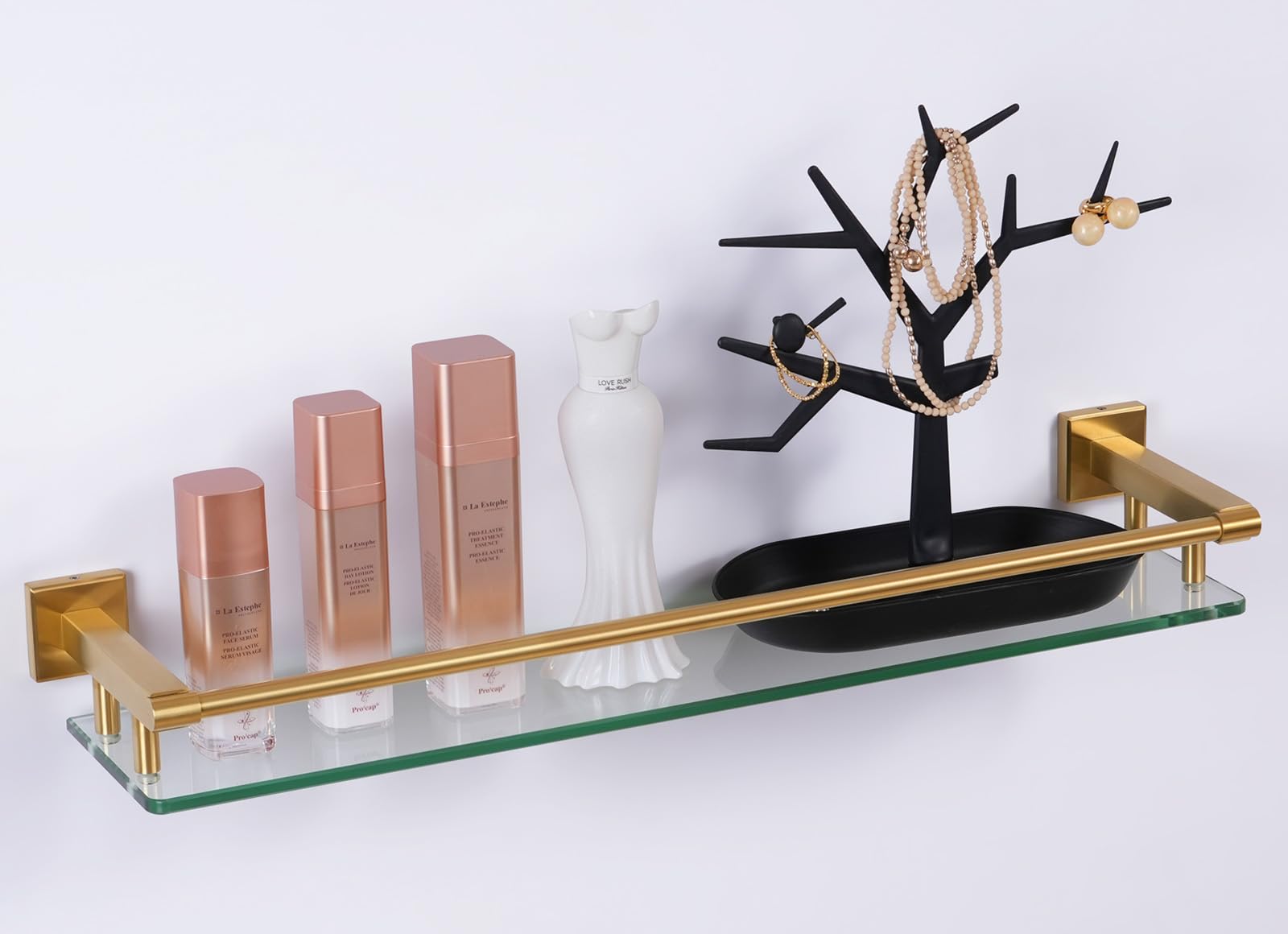 SFGSOWOR Glass Shelf for Bathroom 24 inch Rectangular Stainless Steel Wall Sheves Tempered Glass Modern Stainless Steel Wall Mount Accessories