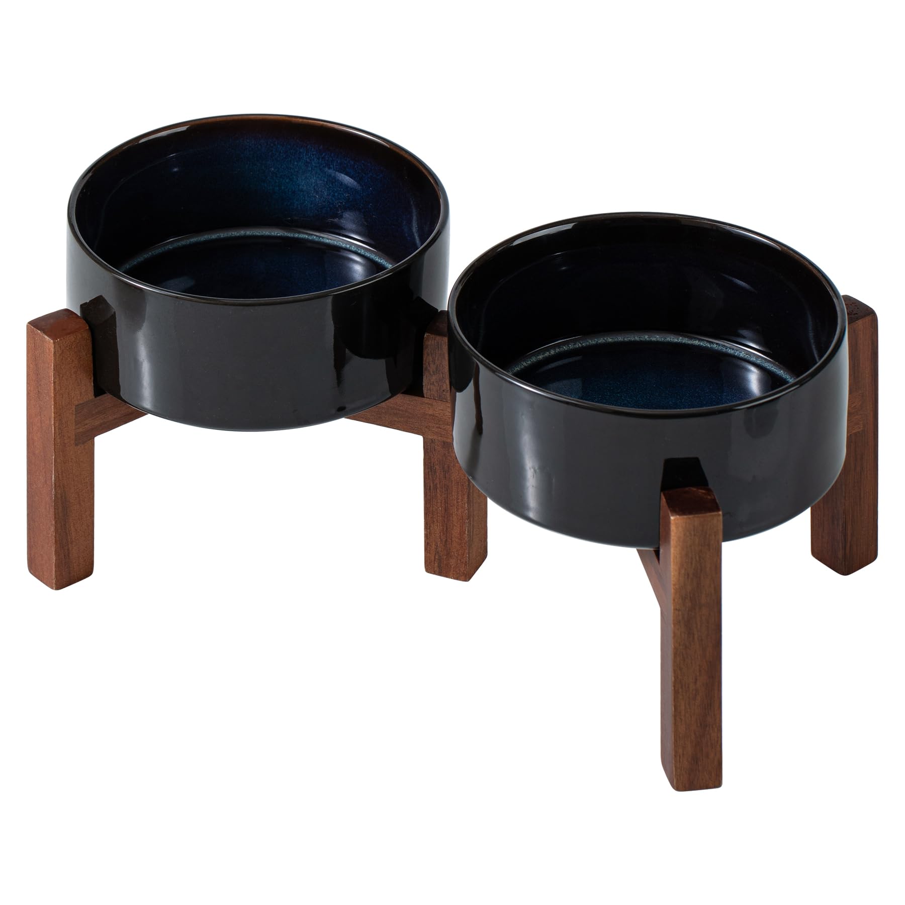 *Missing Bowl* Ceramic 6.1inch Raised Double Dog Bowl with Acacia Wood Stand, 2 Heights Elevated, Food & Water Bowls for Small Dogs(28.2oz, Starry Sky)