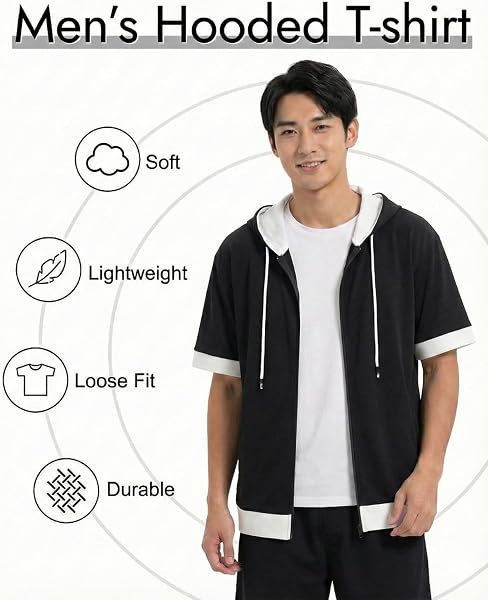 [foveitaa] 夏服 メンズ パーカー tシャツ 半袖 五分袖 ゆったり おしゃれ おおきい サイズ ジップ アップ シンプル オシャレ ビッグ シルエット 重ね着風 フード付き かっこいい カーディガン - 3
