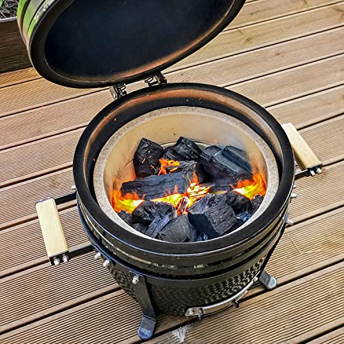 RedNeck Keramik Tischgrill (15"), professioneller Grill (34 cm Grillfläche), Bambus Griff, Gussgestell, Thermometer, Spezial Dichtungen (bis zu 400°C), schwarz – Bild 4