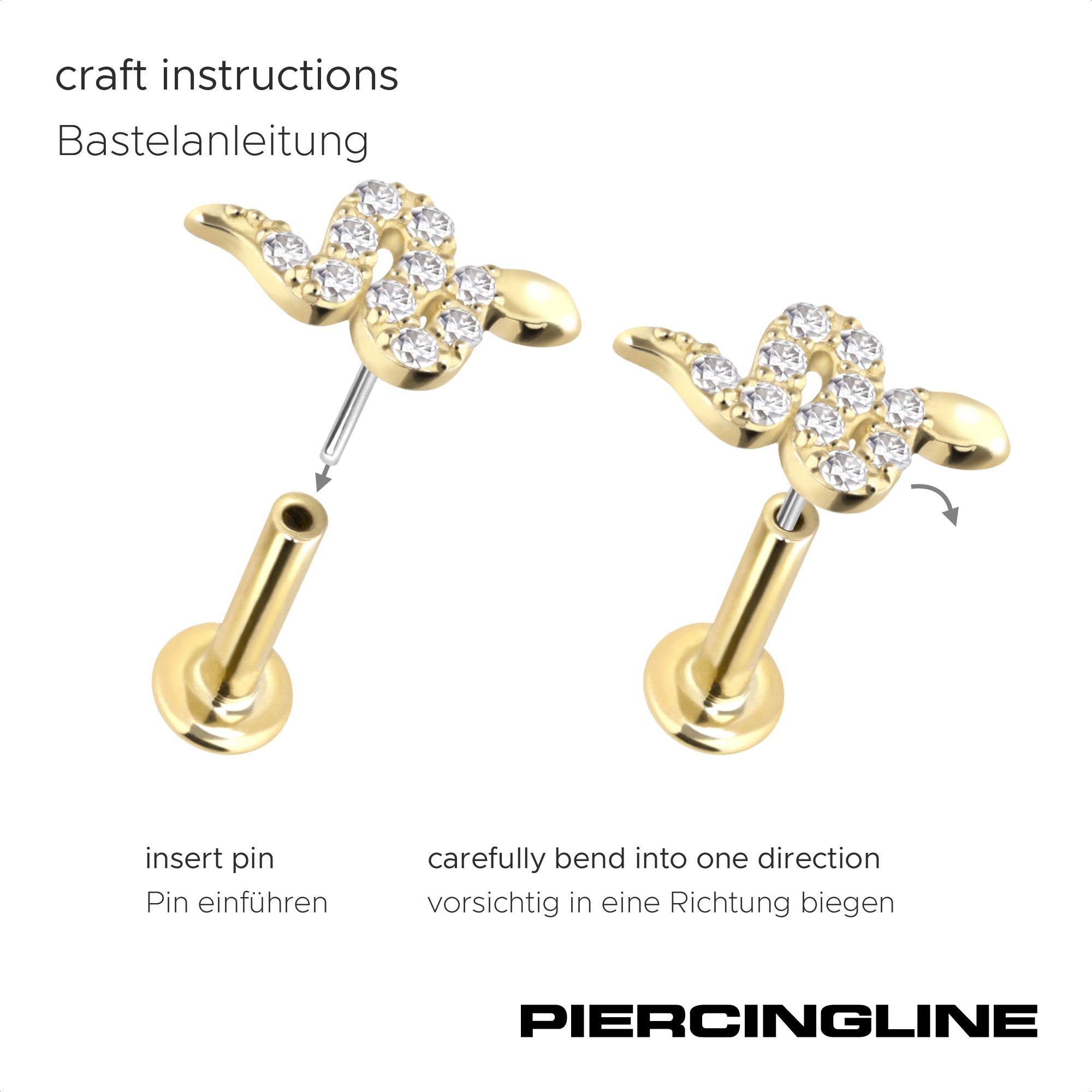 PIERCINGLINE Piercing Stecker 14 Gold Labret mit Push Fit MOISSANIT-SCHLANGE 585er Gold - Roségoldfarben, Goldfarben, Silberfarben