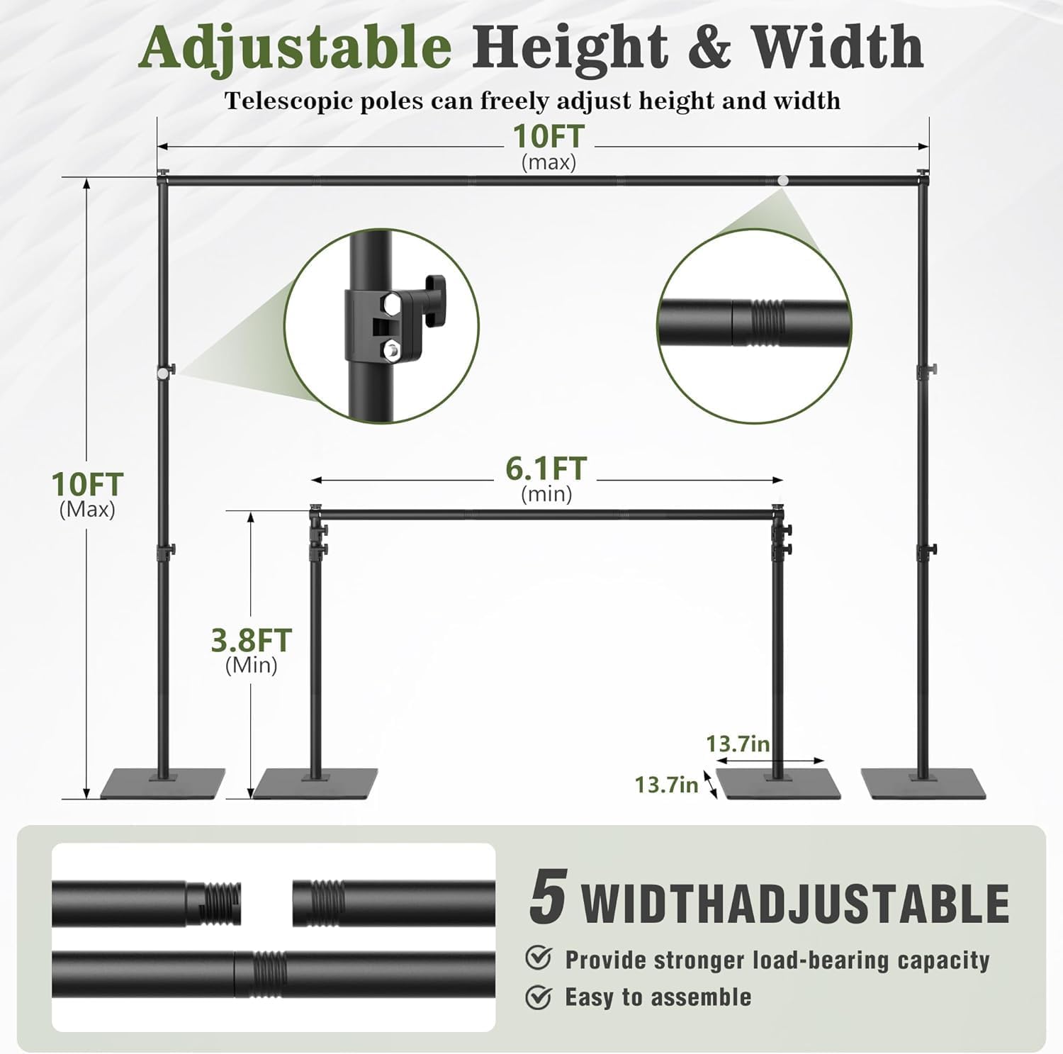 backdrop stand 10x10 ft adjustable photo backdrop stand kit, heavy duty pipe and drape photography background support with flat metal base for wedding, party, video studio, birthday, black