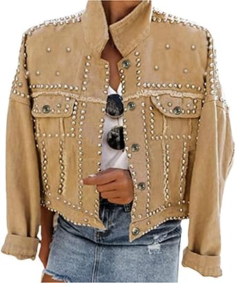 Omoone Womens Long Sleeve Rivet Studded Denim Jacket Casual Washed Short Jean Coat Western Outfits