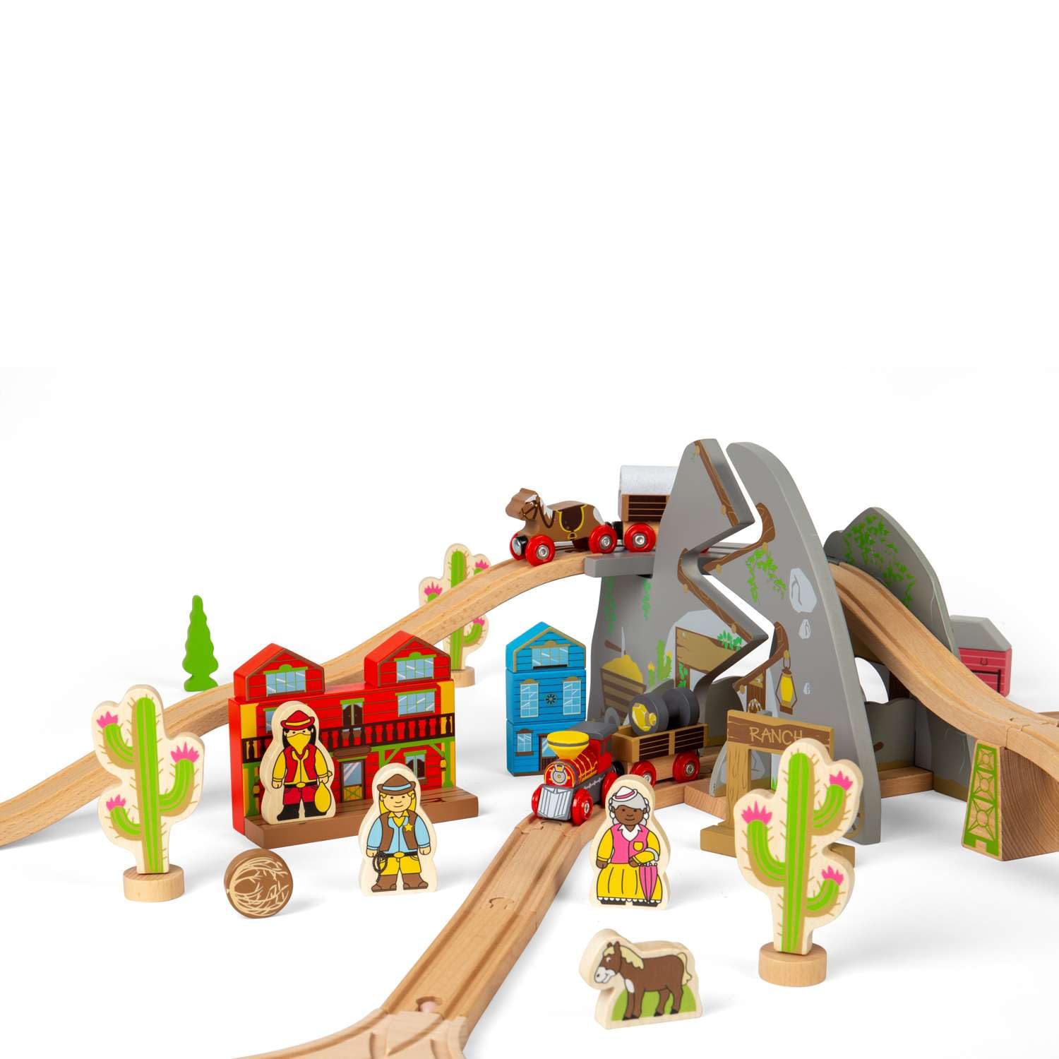 Bigjigs Rail Wildwest-Eisenbahn-Set | Holz-Eisenbahnspielset | 62-teilige Strecke & Zubehör mit Pferd & Kutschen, Goldminen-Tunnel, Ranch- & Cowboy-Figuren | Eisenbahnspielzeug für Kinder, Jungen &