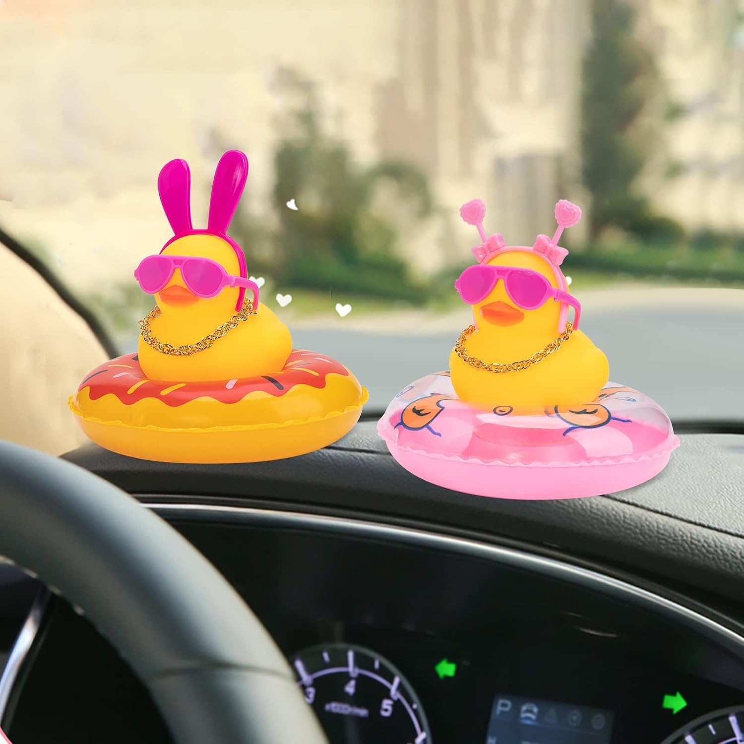 wonuu Car Duck Rubber Duck Car Ornaments Duck Car Dashboard Decorations with Cute Headband Swim Ring Necklace Sunglasses, B-Pink Double Heart Headband