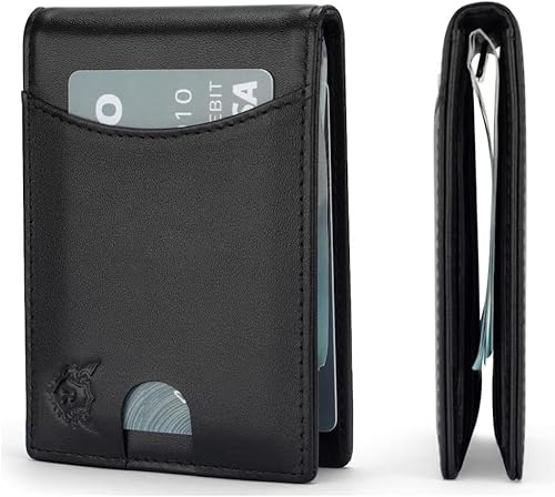 Cartera delgada de piel auténtica con bloqueo RFID, con bolsillo frontal, minimalista para hombre, con clip para dinero y ventana de identificación,