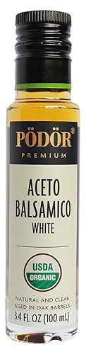 PÖDÖR Aceto Balsamico White orgánico de alta calidad, 3.4 onzas líquidas, 100% natural, envejecido en barricas de roble, fermentado, sin filtrar,