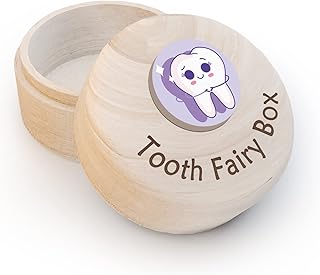 Tooth Fairy Box for Kids, Tooth Wooden Box and 3D Purple Tooth, Stores Lost Teeth for Boys Girls Child, Dropped Tooth Keepsake Storage Box to Place Under Pillow, Teeth Container Box