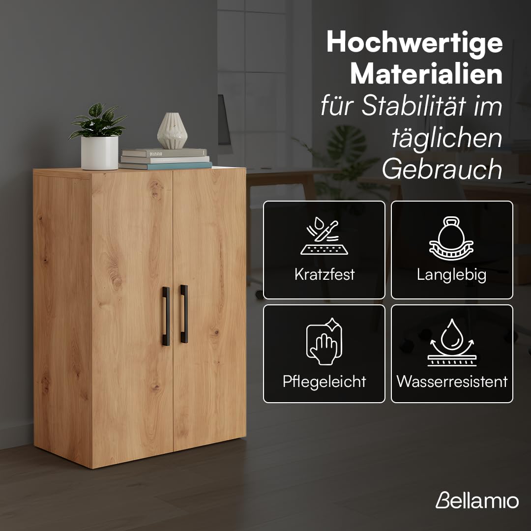Bellamio Apol Büroschrank 60 cm, mit 3 Fächern, Eichenoptik | Aktenschrank aus Holz, kleines Bücherregal mit 2 Türen für Flur/Wohnzimmer/Büro, Aufbewahrungsschrank