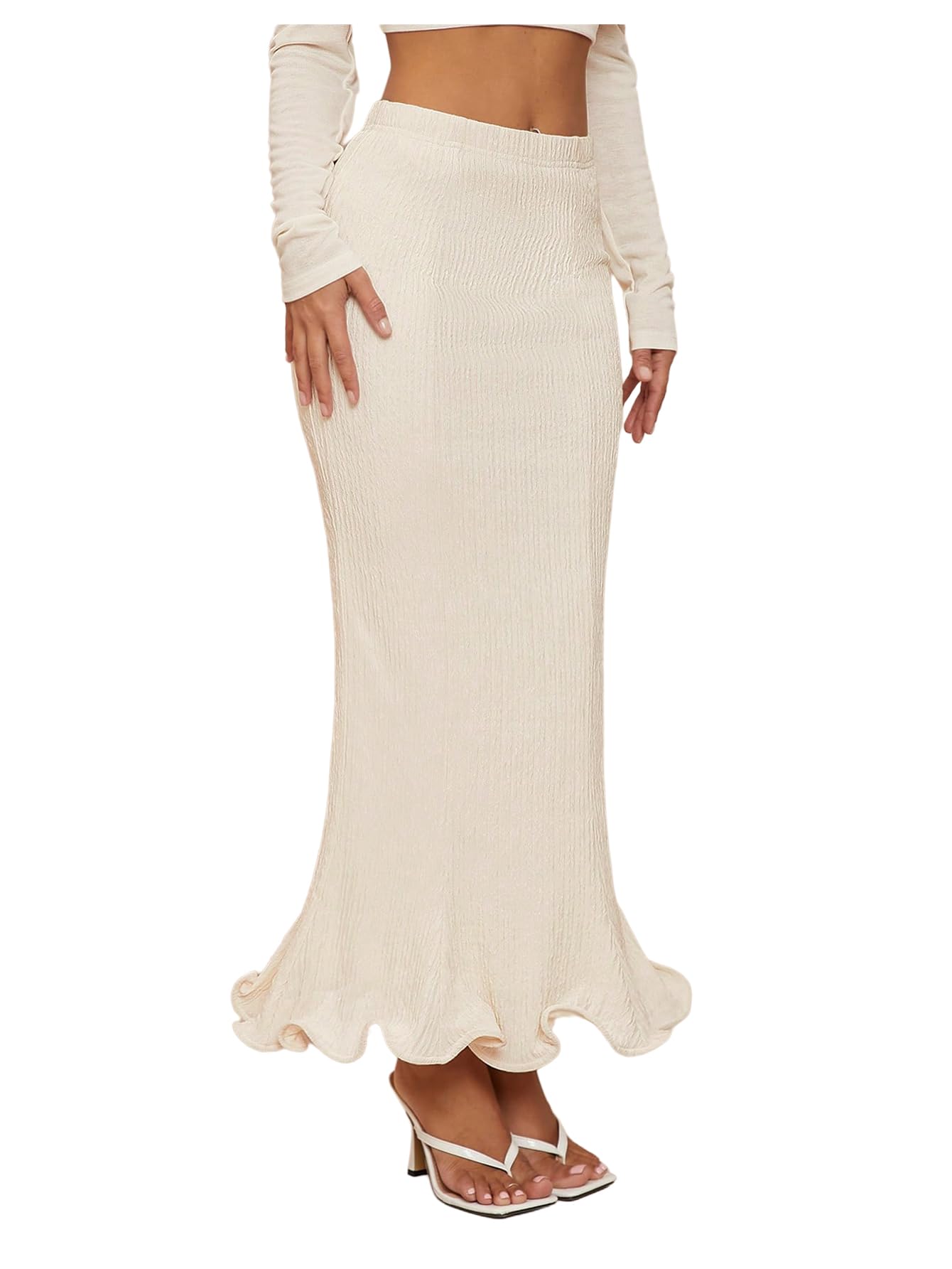 GORGLITTER Womens Flowy Long Skirts Elegant Ruffle Hem High Waisted Fishtail Ribbed Knit Bodycon Maxi Skirts