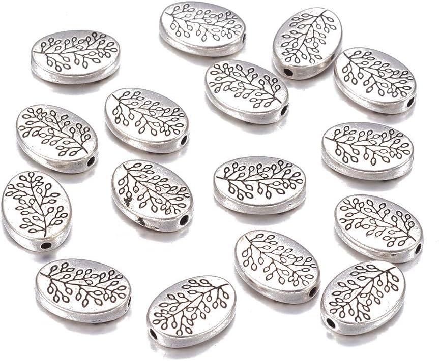 Fashewelry 50Pcs Antique Silver Oval with Leaf Spacer Beads 14x10mm Tibetan Metal Tree Branch Pattern Charm Beads for Jewelry Making Hole: 1.5mm