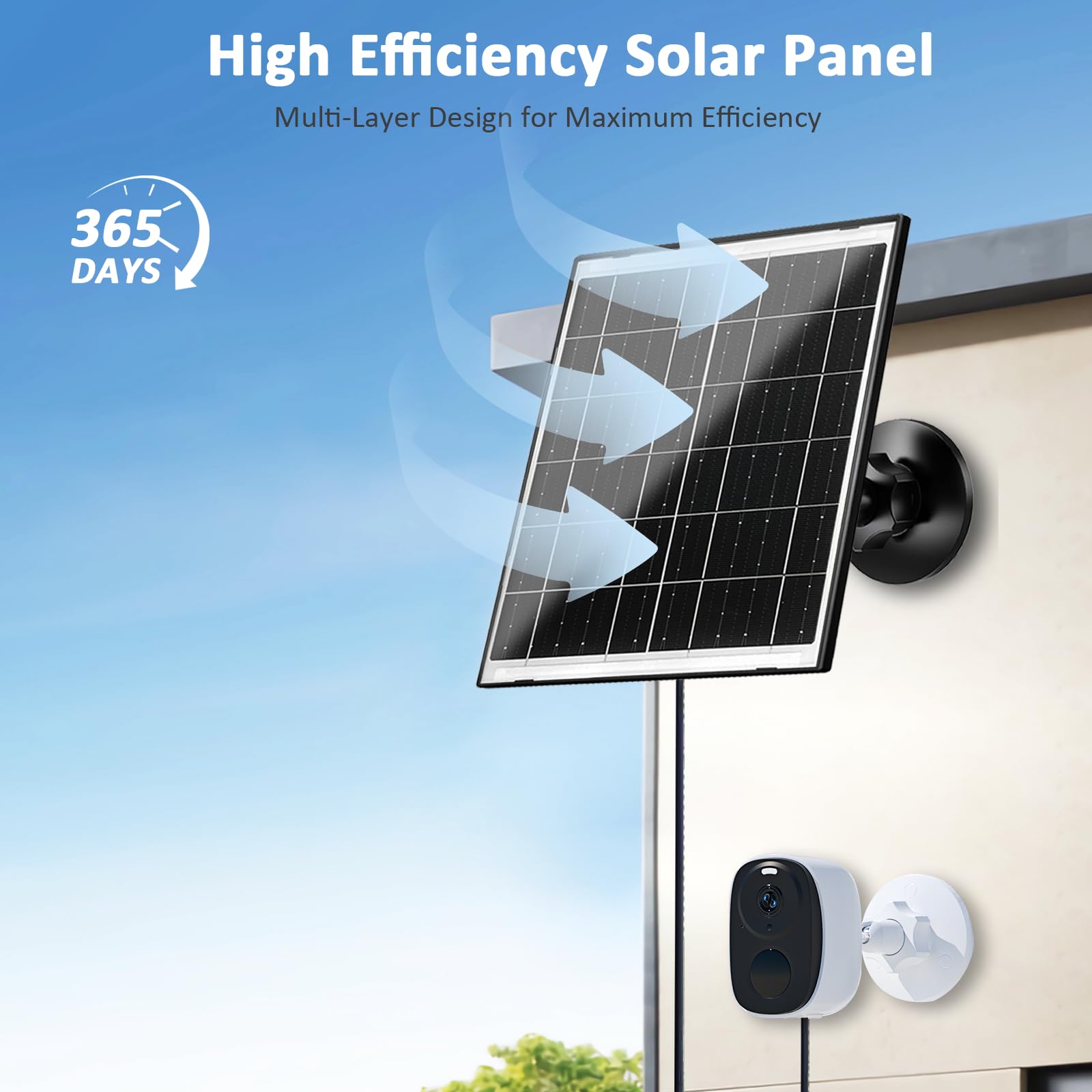 Zivif Panneau solaire pour caméra de sécurité, chargeur solaire 10 W compatible avec appareil photo alimenté par batterie, USB-C, micro USB et port DC 5,5 x 2,1 mm, support réglable à 360°, câble de