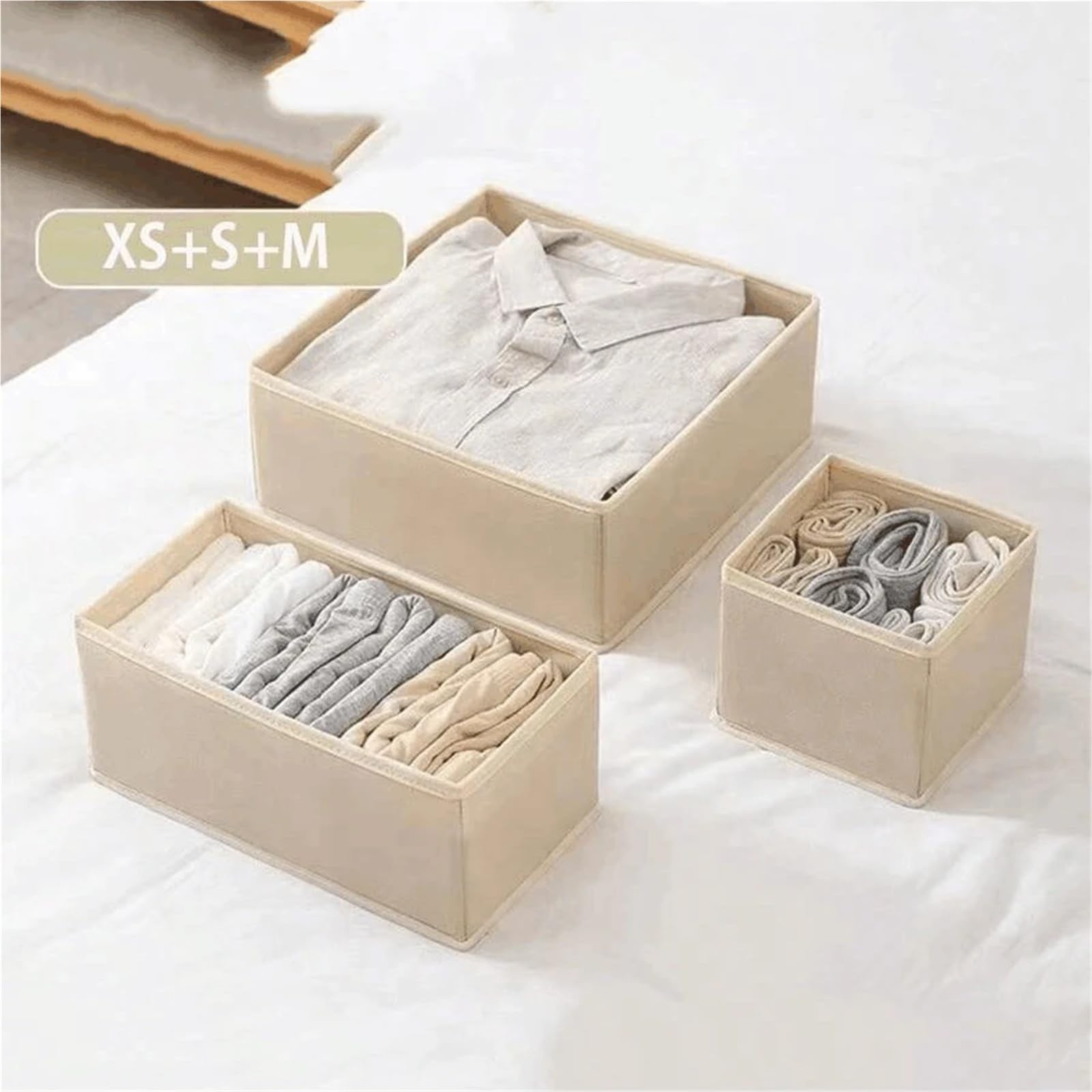 Organizador Calcetines Juego de organizador de ropa interior plegable de 6/12 piezas • Cajas de almacenamiento duras(12 pcs beige)