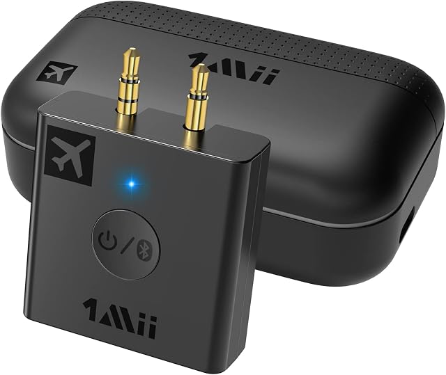1Mii B05 Airplane Bluetooth 5.3 Adapter for Headphones W/ Portable Charging Case Support aptX Adaptive/HD/Low Latency, 3.5mm Aux Wireless Audio Transmitter Use on Airplanes, Boats or in Gym, Home