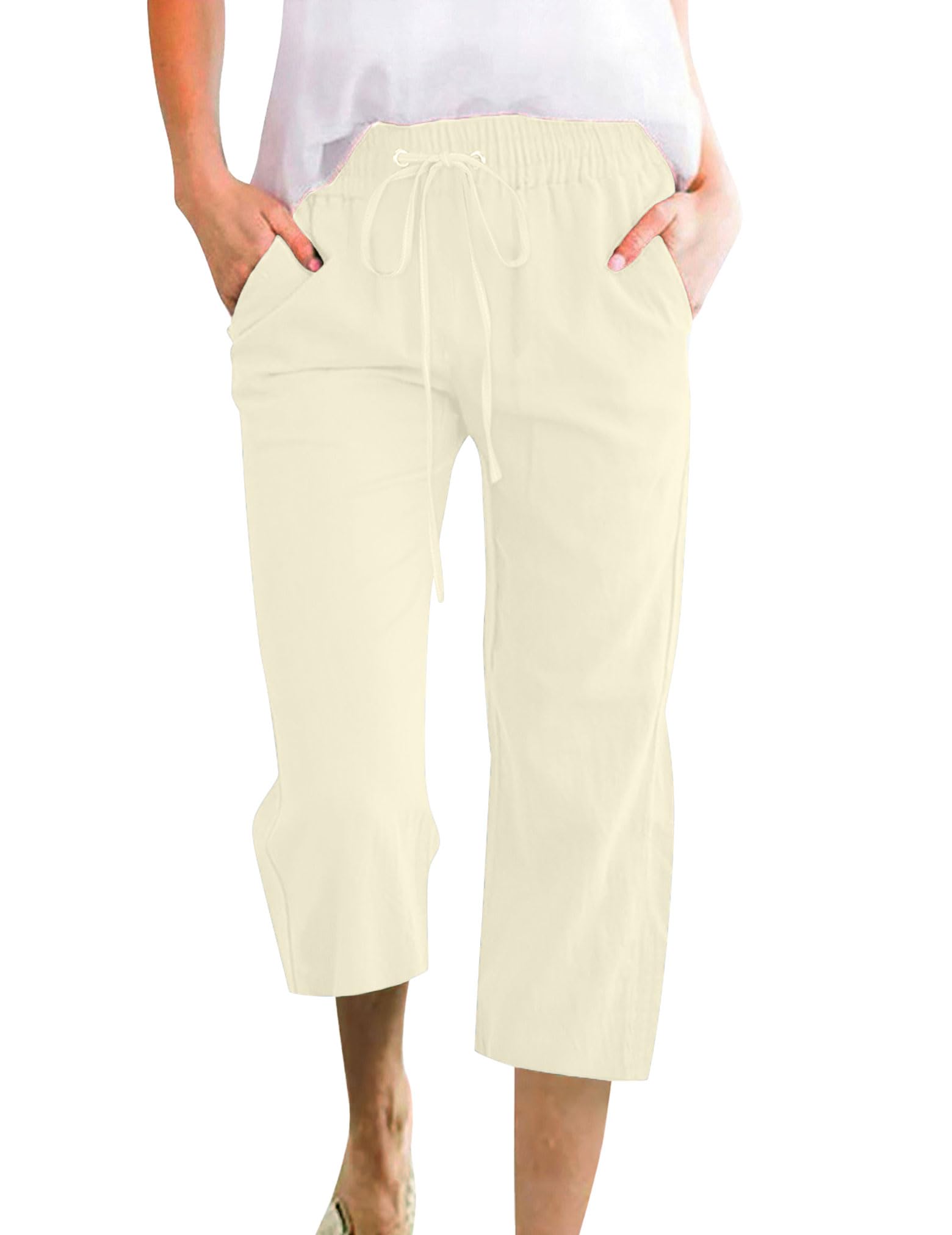 Capris Pants for Women Cotton Casual Summer Straight Wide Leg Loose Drawstring Elastic Waist Cropped Trouser